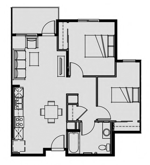 Floor plan for 2 beds, 1 bath, 808 sqft